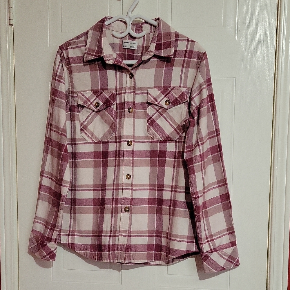 Frank and Oak Organic Cotton Pink and White Button Up Plaid Shirt US M